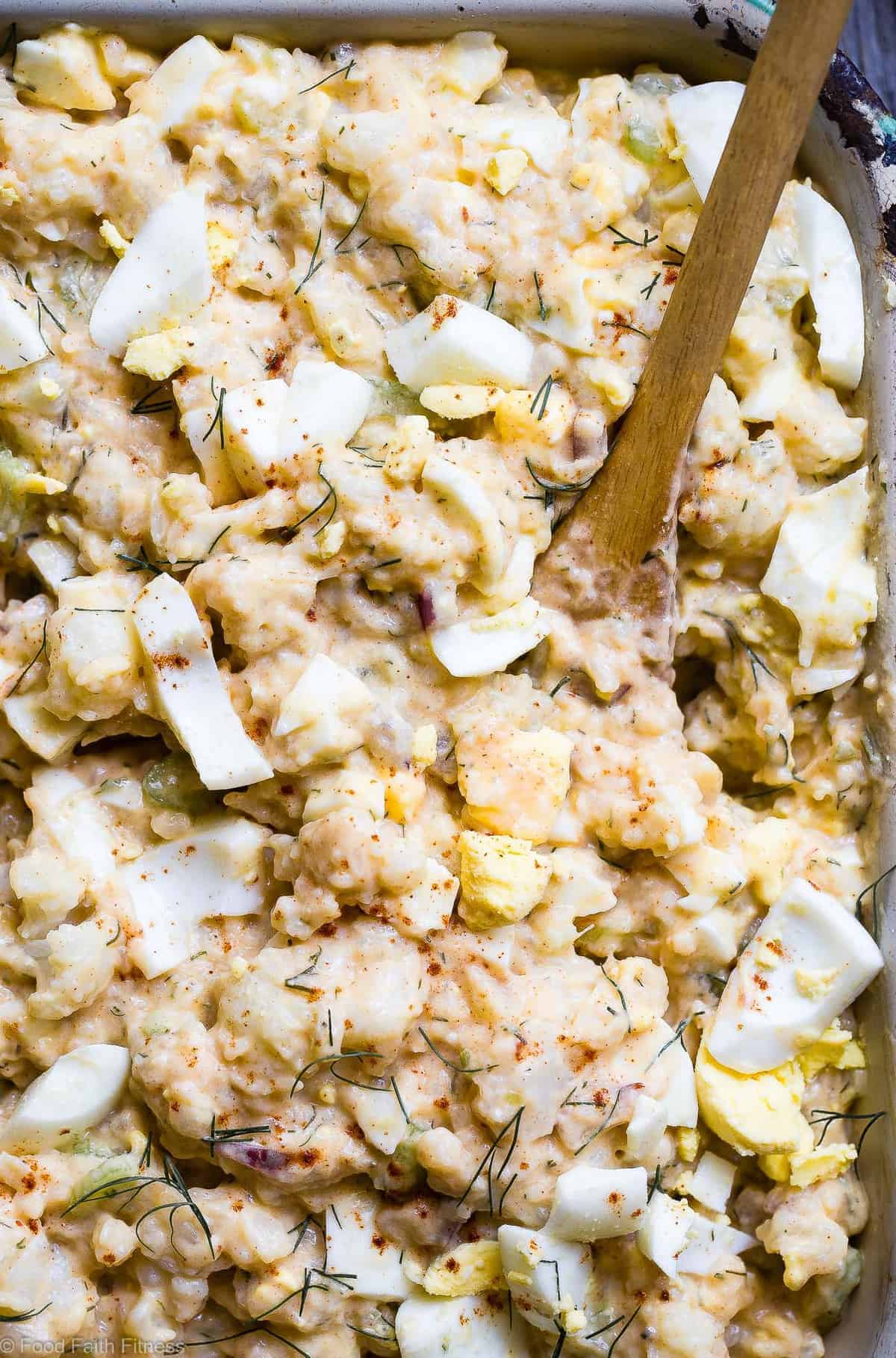 close up of Cauliflower Potato Salad in a serving dish