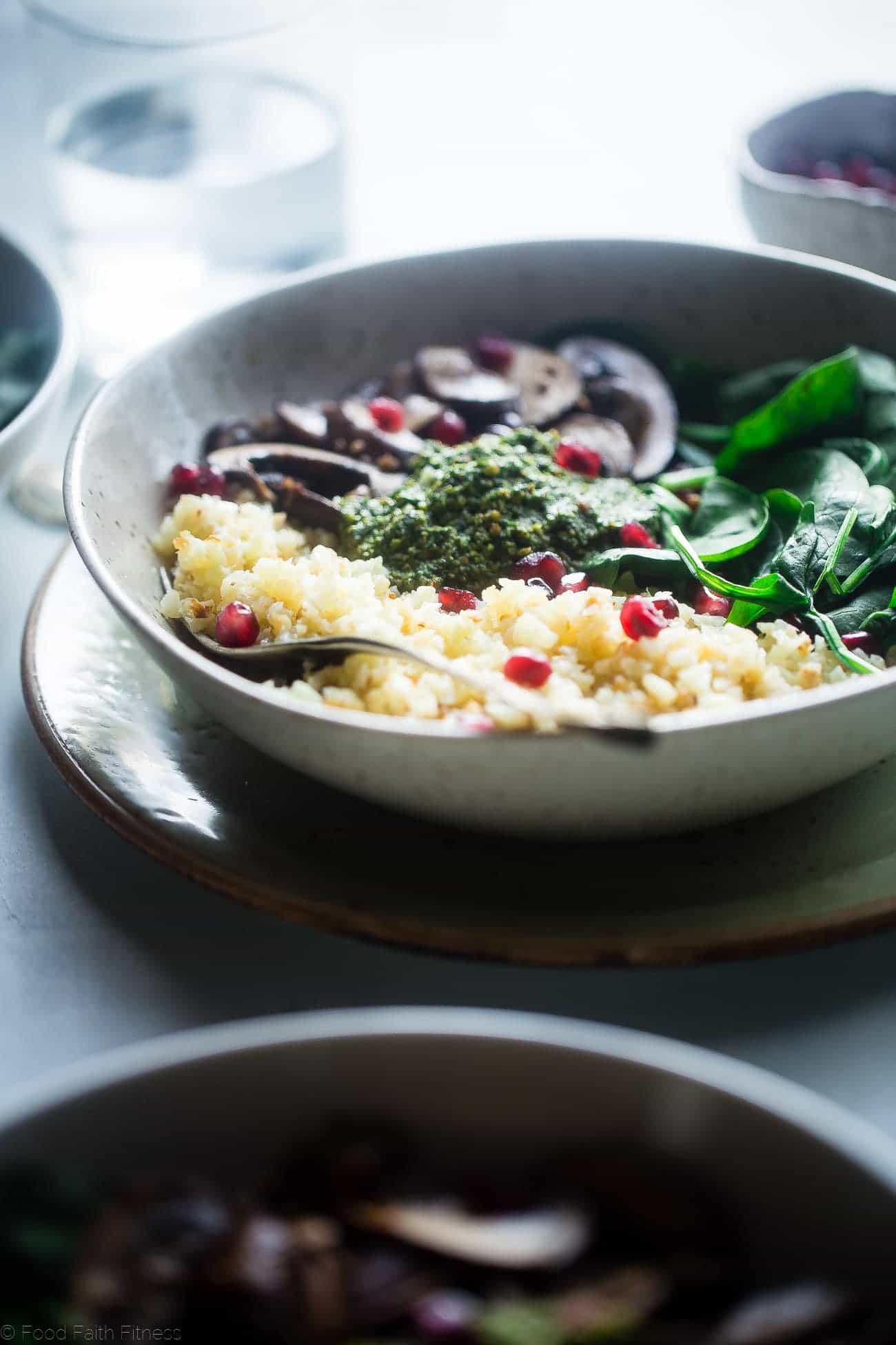Vegan Detox Cauliflower Bowls - These low carb bowls are packed with veggies and a delicious almond pesto! They're a whole30 compliant, vegan and paleo friendly meal that is only 200 calories! | Foodfaithfitness.com | @ FoodFaithFit