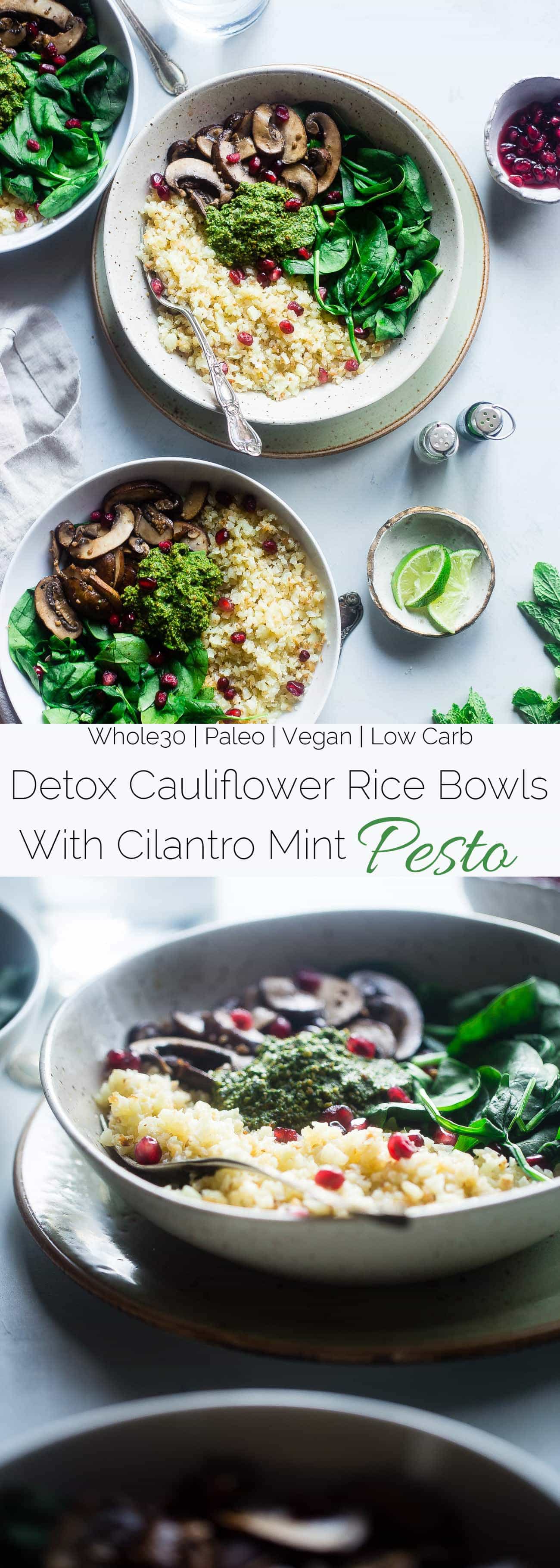 Vegan Detox Cauliflower Bowls - These low carb bowls are packed with veggies and a delicious almond pesto! They're a whole30 compliant, vegan and paleo friendly meal that is only 200 calories! | Foodfaithfitness.com | @ FoodFaithFit