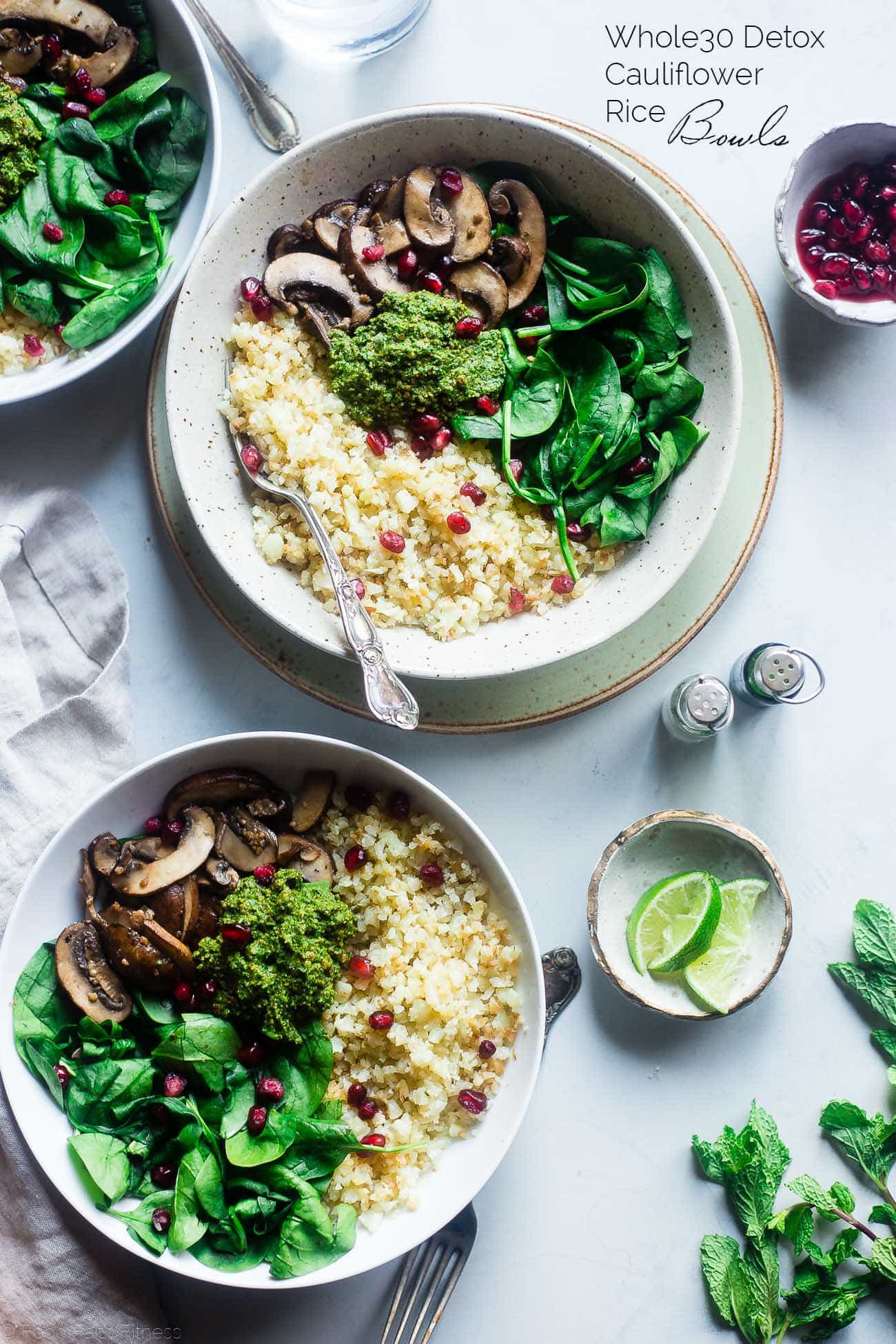 Vegan Detox Cauliflower Bowls - These low carb bowls are packed with veggies and a delicious almond pesto! They're a whole30 compliant, vegan and paleo friendly meal that is only 200 calories! | Foodfaithfitness.com | @ FoodFaithFit