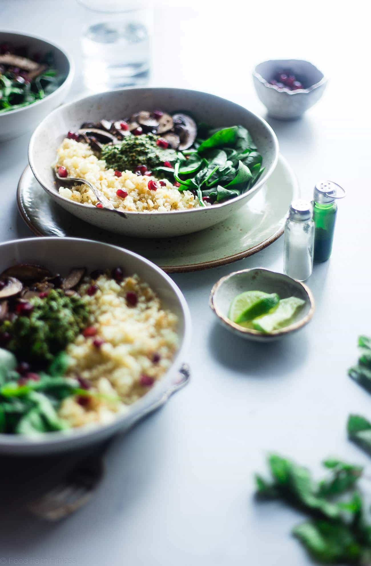 Vegan Detox Cauliflower Bowls - These low carb bowls are packed with veggies and a delicious almond pesto! They're a whole30 compliant, vegan and paleo friendly meal that is only 200 calories! | Foodfaithfitness.com | @ FoodFaithFit