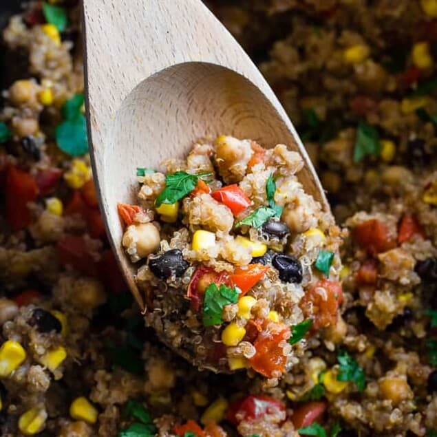 Slow Cooker Mexican Quinoa Casserole - Let the slow cooker do the work for you with this family friendly, healthy weeknight dinner!  Gluten free with a vegan option and even picky eaters love it! | #FoodFaithFitness | #Quinoa #Glutenfree #Healthy #Vegan #Vegetarian